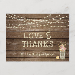 Rustic Wood Mason Jar Flowers LOVE THANKS Wedding Postcard