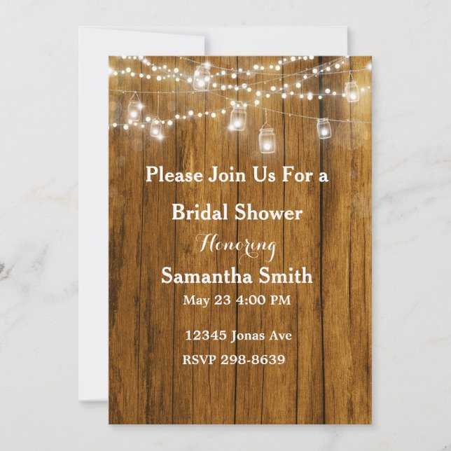 Rustic Wood Mason Jar Hanging Lights Bridal Shower Invitation (Front)