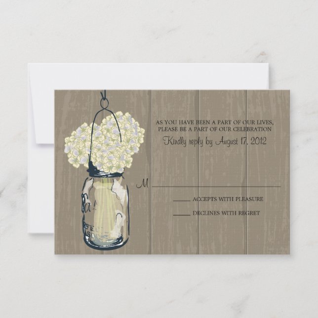 Rustic Wood  Mason Jar Hydrangea  RSVP Card (Front)