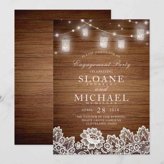 Rustic Wood Mason Jar Lace Engagement Party Invitation (Front/Back)