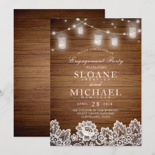 Rustic Wood Mason Jar Lace Engagement Party Invitation