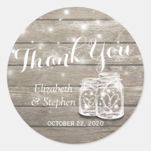 Rustic Wood Mason Jar Lamp Wedding Favour Thank Yo Classic Round Sticker