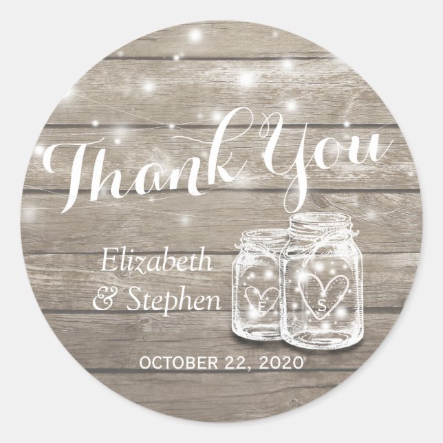 Rustic Wood Mason Jar Lamp Wedding Favour Thank Yo Classic Round Sticker (Front)