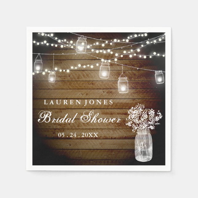 Rustic Wood Mason Jar Lights Bridal Shower Napkin (Front)