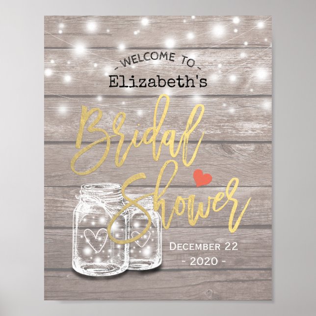 Rustic Wood Mason Jar Lights Bridal Shower Welcome Poster (Front)