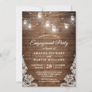 Rustic Wood Mason Jar Lights Lace Engagement Party Invitation