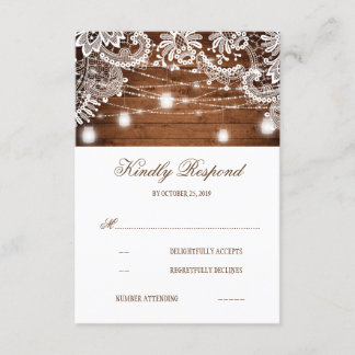 Rustic Wood Mason Jar Lights Lace Wedding RSVP Card
