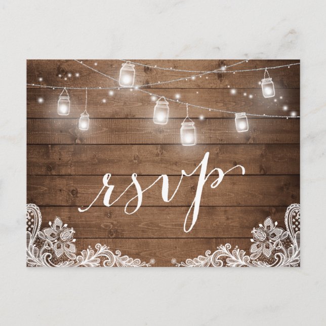 Rustic Wood Mason Jar Lights Lace Wedding RSVP Invitation Postcard (Front)