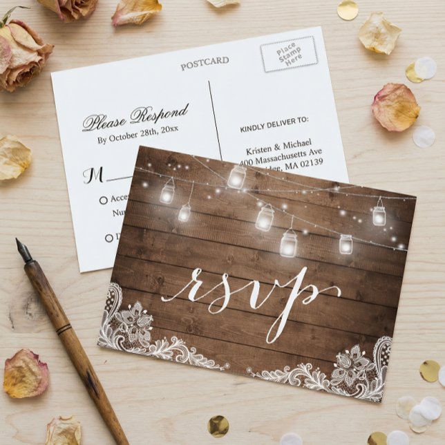 Rustic Wood Mason Jar Lights Lace Wedding RSVP Invitation Postcard (Creator Uploaded)