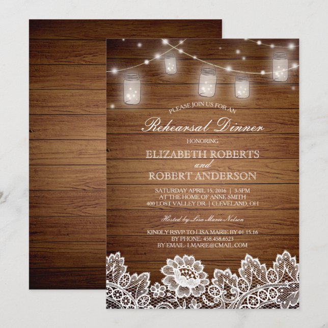 Rustic Wood Mason Jar Lights Rehearsal Dinner Invitation (Front/Back)
