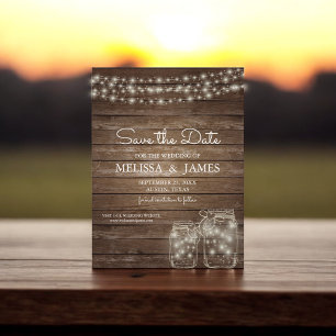Rustic Wood Mason Jar Lights Save The Date Announcement Postcard