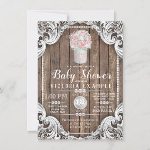 Rustic Wood Mason Jar Pearl Baby Shower Invitation
