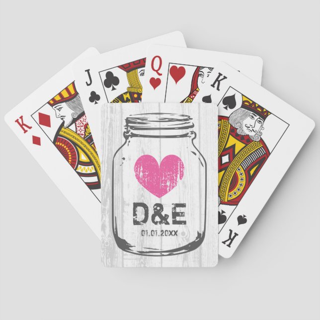 Rustic wood mason jar playing cards wedding favour (Back)