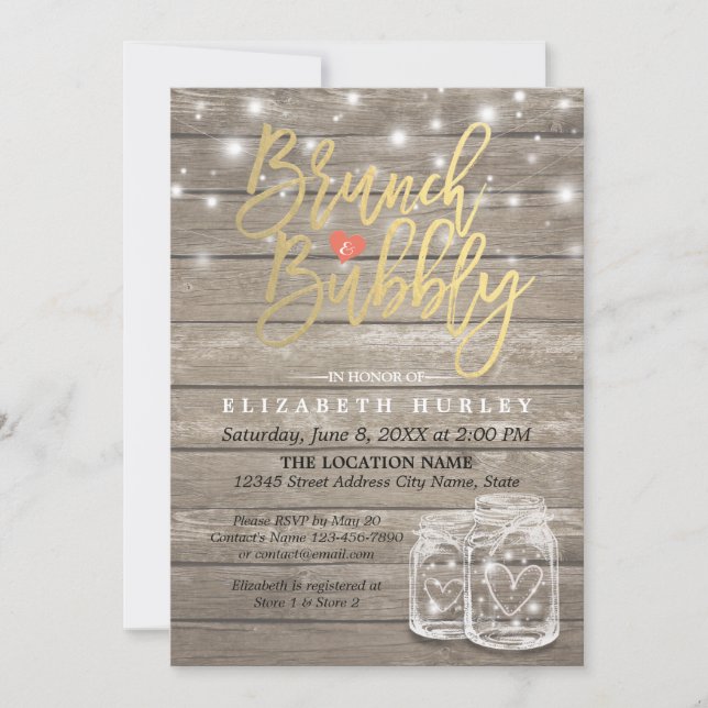 Rustic Wood Mason Jar String Light Brunch & Bubbly Invitation (Front)