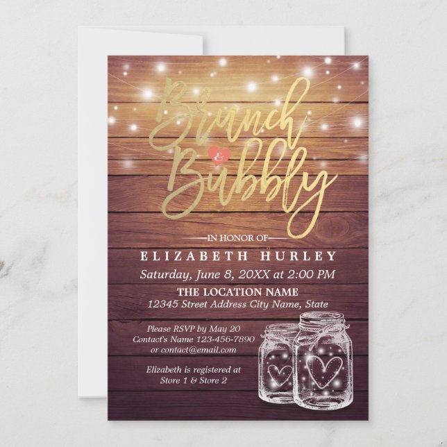 Rustic Wood Mason Jar String Light Brunch & Bubbly Invitation (Front)