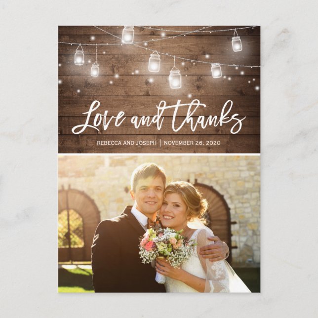 Rustic Wood Mason Jar String Light Photo Thank You Postcard (Front)