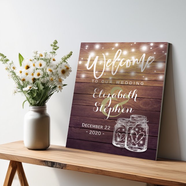 Rustic Wood Mason Jar String Light Wedding Welcome Poster (Creator Uploaded)