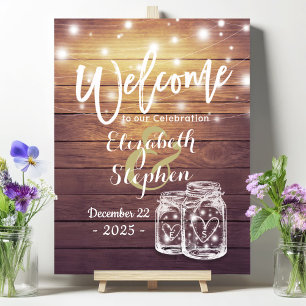 Rustic Wood Mason Jar String Light Wedding Welcome Poster
