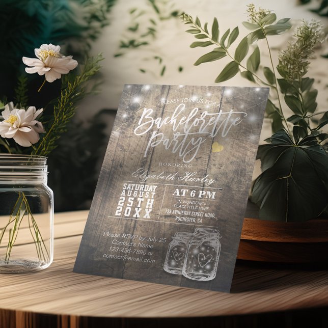 Rustic Wood & Mason Jar String Lights Bachelorette Invitation (Creator Uploaded)
