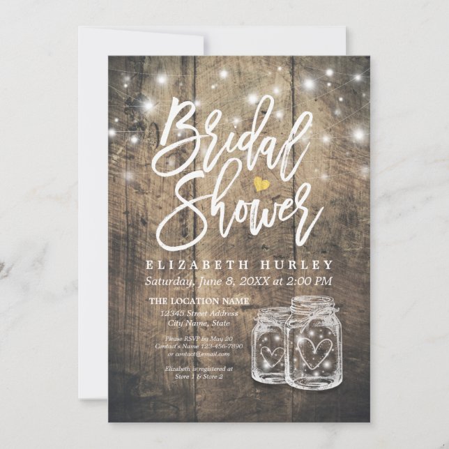 Rustic Wood Mason Jar String Lights Bridal Shower Invitation (Front)