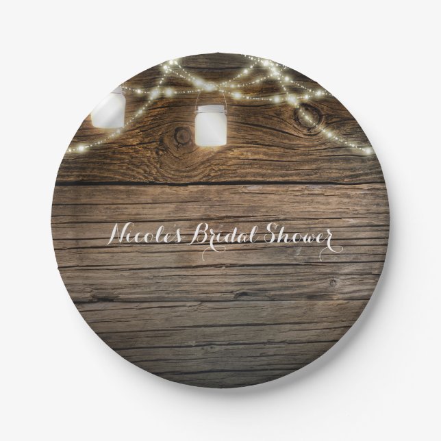 Rustic Wood Mason Jar String Lights Country Glam Paper Plate (Front)