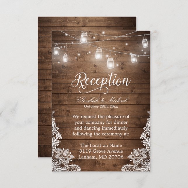 Rustic Wood Mason Jar String Lights Lace Reception Invitation (Front/Back)