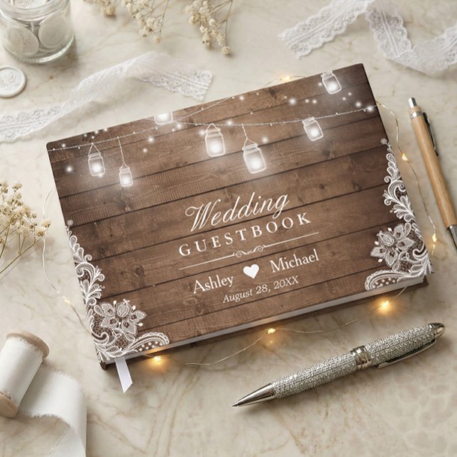 Rustic Wood Mason Jar String Lights Lace Wedding Guest Book (Creator Uploaded)