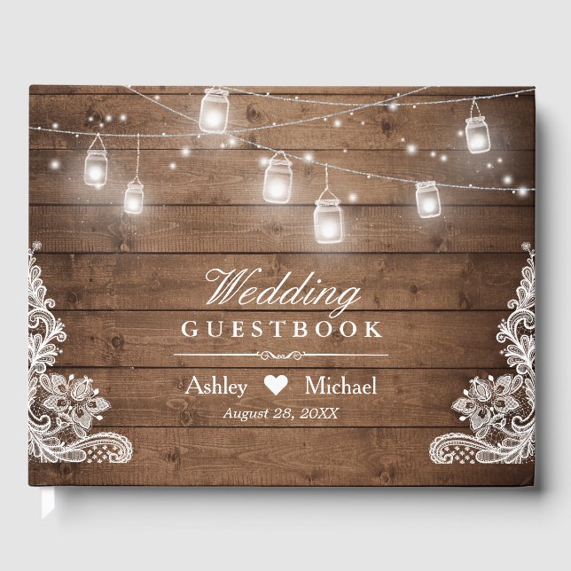Rustic Wood Mason Jar String Lights Lace Wedding Guest Book (Front)