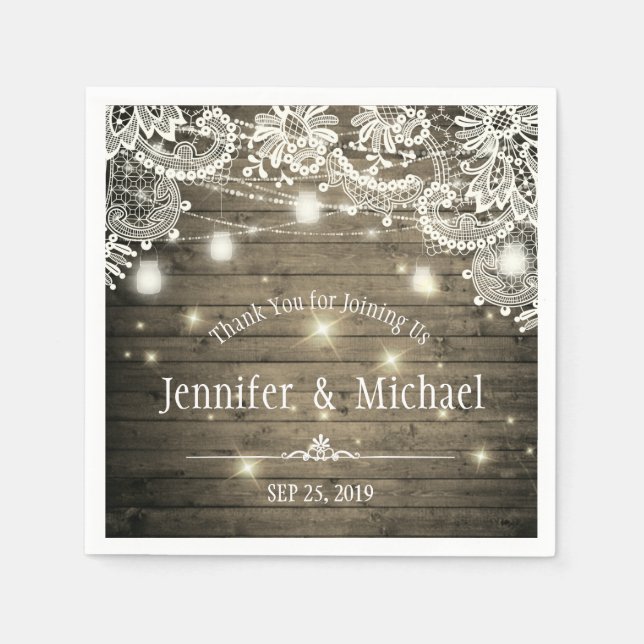 Rustic Wood Mason Jar String Lights Lace Wedding Napkin (Front)