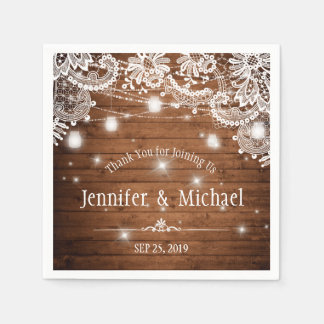 Rustic Wood Mason Jar String Lights Lace Wedding Napkin