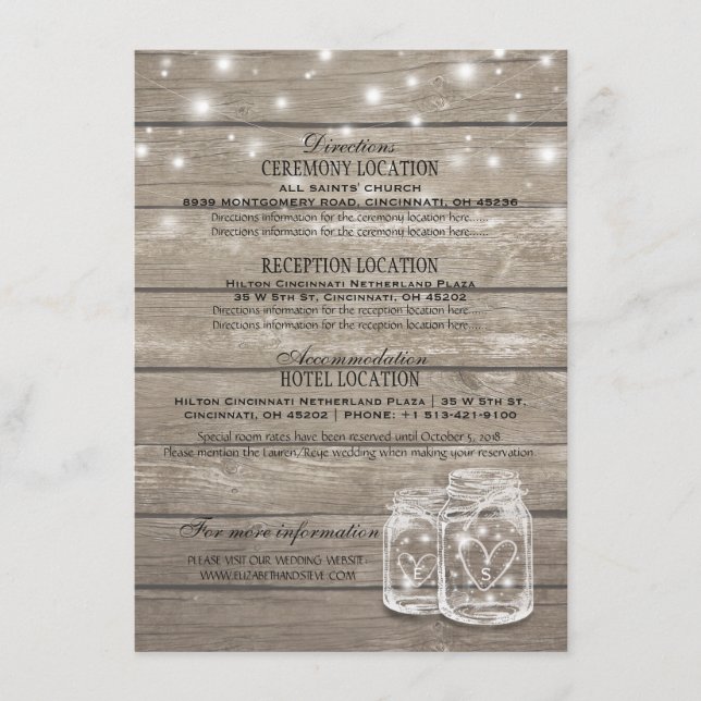 Rustic Wood Mason Jar String Lights Wedding Detail Enclosure Card (Front)