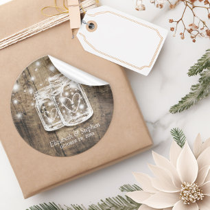 Rustic Wood Mason Jar String Lights Wedding Favour Classic Round Sticker