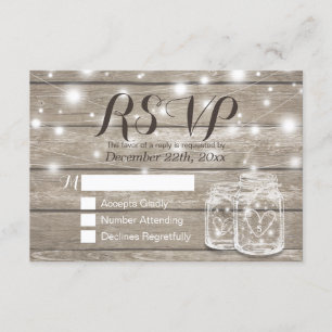 Rustic Wood & Mason Jar String Lights Wedding RSVP Card