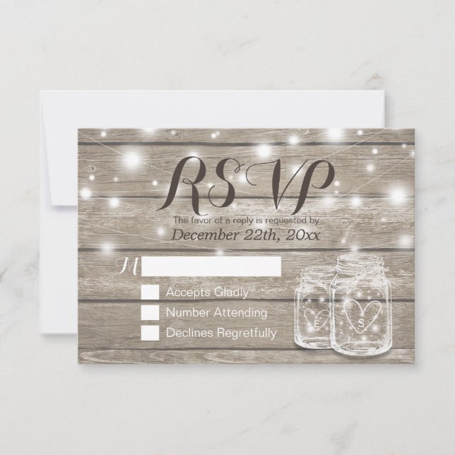 Rustic Wood & Mason Jar String Lights Wedding RSVP Card (Front)