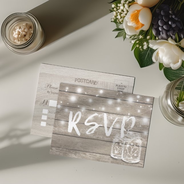 Rustic Wood & Mason Jar String Lights Wedding RSVP Invitation Postcard (Creator Uploaded)