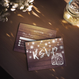 Rustic Wood & Mason Jar String Lights Wedding RSVP Invitation Postcard