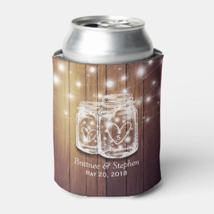 Rustic Wood Mason Jar String Lights Wedding Shower Can Cooler