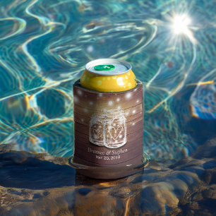 Rustic Wood Mason Jar String Lights Wedding Shower Can Cooler