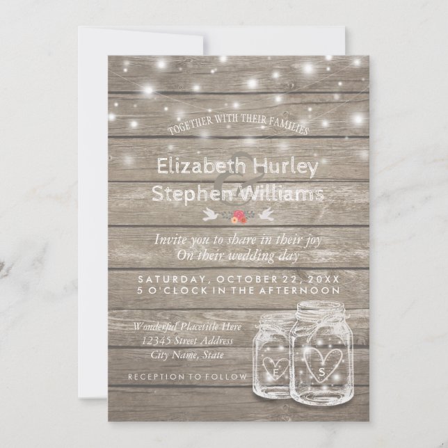 Rustic Wood Mason Jar String Lights Wedding Shower Invitation (Front)