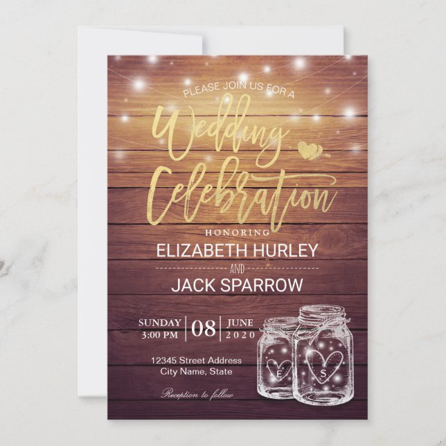Rustic Wood Mason Jar String Lights Wedding Shower Invitation (Front)