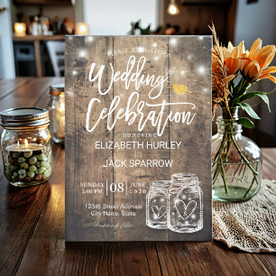Rustic Wood Mason Jar String Lights Wedding Shower Invitation