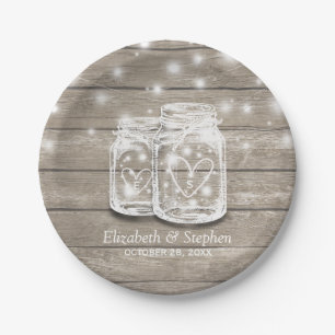 Rustic Wood Mason Jar String Lights Wedding Shower Paper Plate