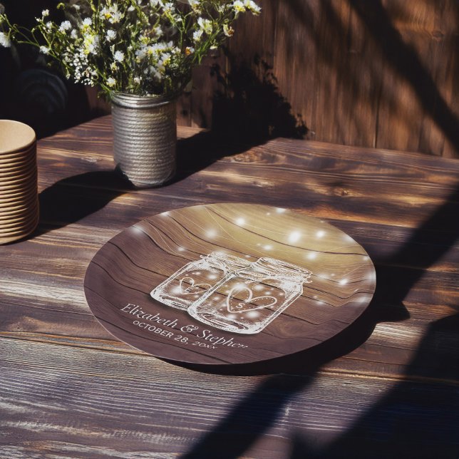 Rustic Wood Mason Jar String Lights Wedding Shower Paper Plate (Creator Uploaded)