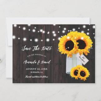 Rustic Wood Mason Jar Sunflower Save The Date Card
