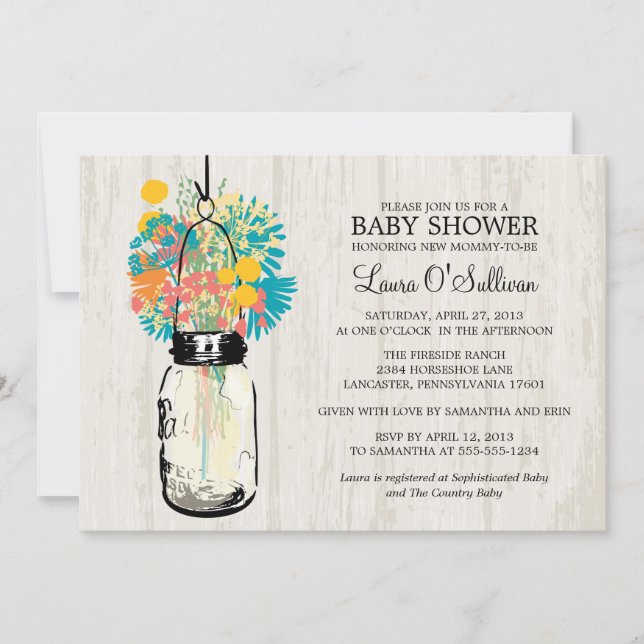 Rustic Wood Mason Jar Wildflowers Baby Shower Invitation (Front)