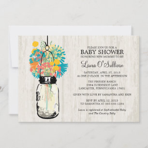 Rustic Wood Mason Jar Wildflowers Baby Shower Invitation