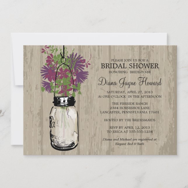 Rustic Wood Mason Jar  Wildflowers Bridal Shower Invitation (Front)