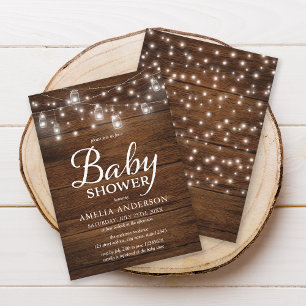 Rustic Wood Mason Jars and Lights Baby Shower Invitation