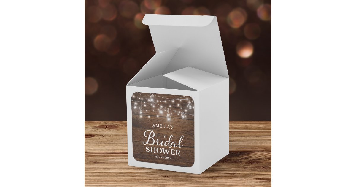 Rustic Wood Mason Jars and Lights Bridal Shower Square Sticker | Zazzle