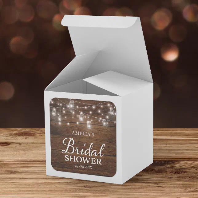 Rustic Wood Mason Jars and Lights Bridal Shower Square Sticker | Zazzle